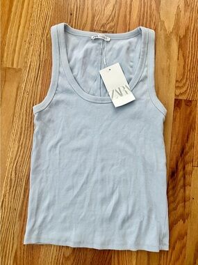 NWT ZARA SIZE L Women's Light Blue/Grey Ribbed Tank Top. Cotton/Lycra.